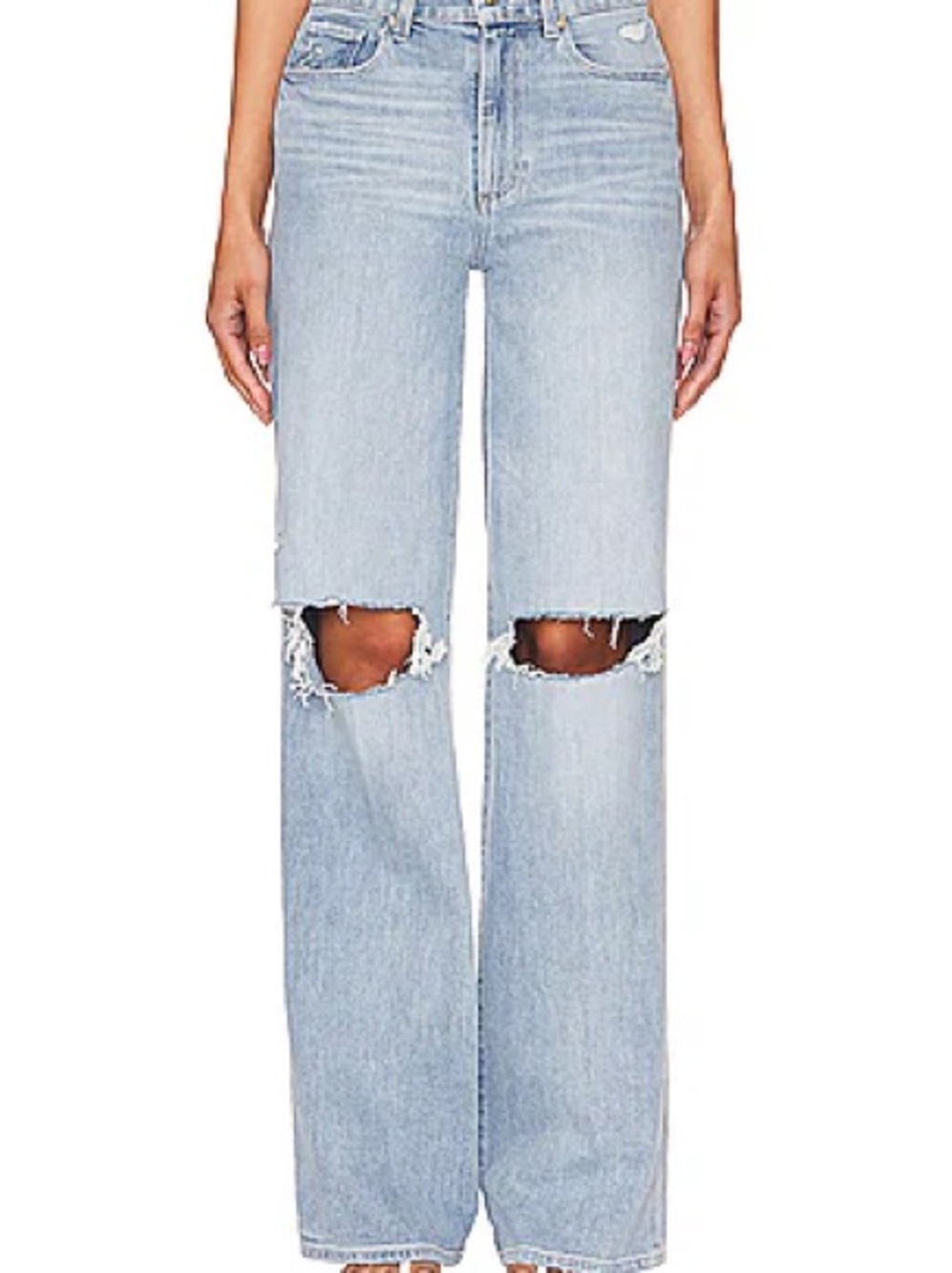 PAIGE Sasha High Rise Straight Leg Jeans Light Blue Wash Ripped Knees Size 28